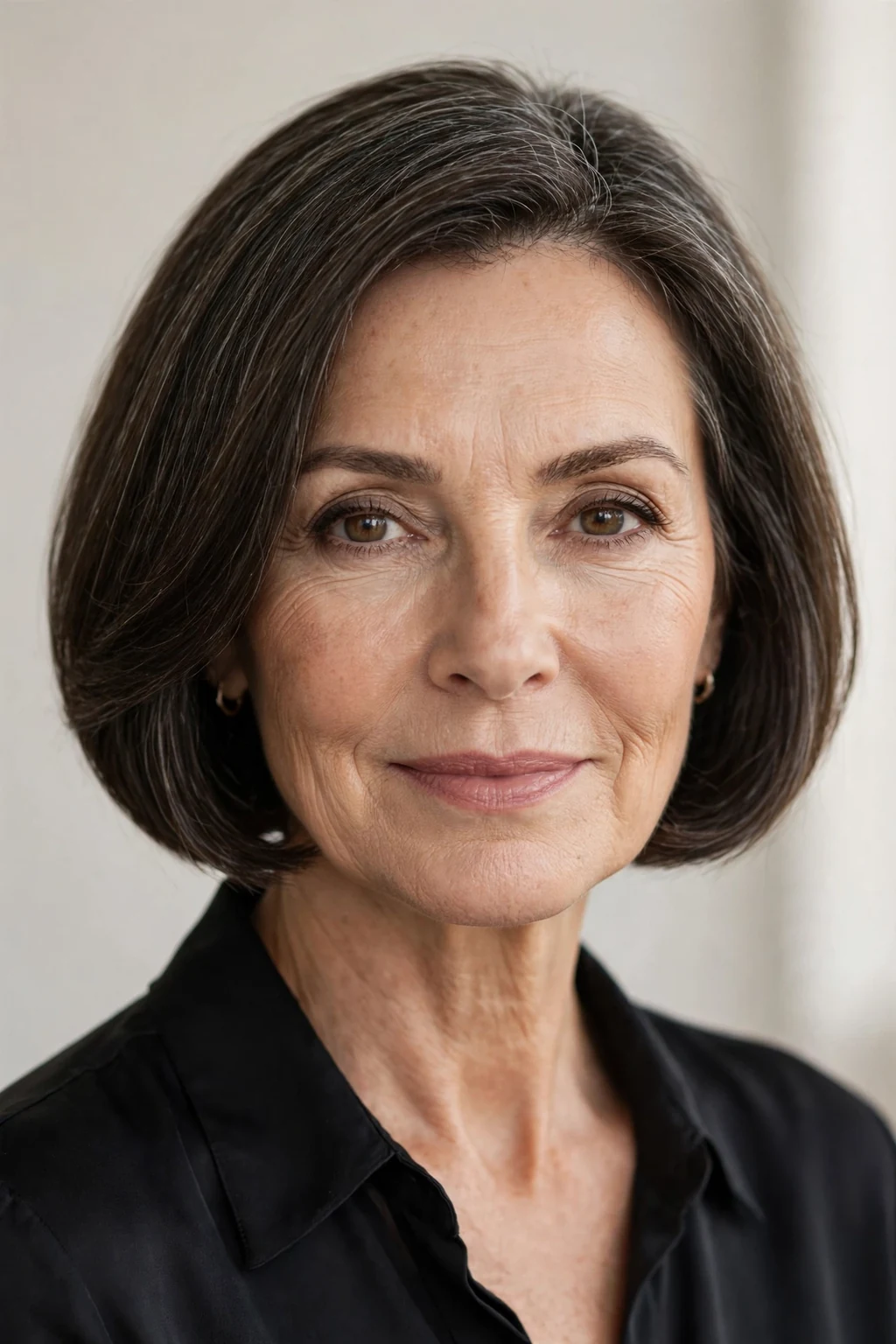 Elegant woman over 50 with chin-length short bob, classic beautiful crop, refined light.
