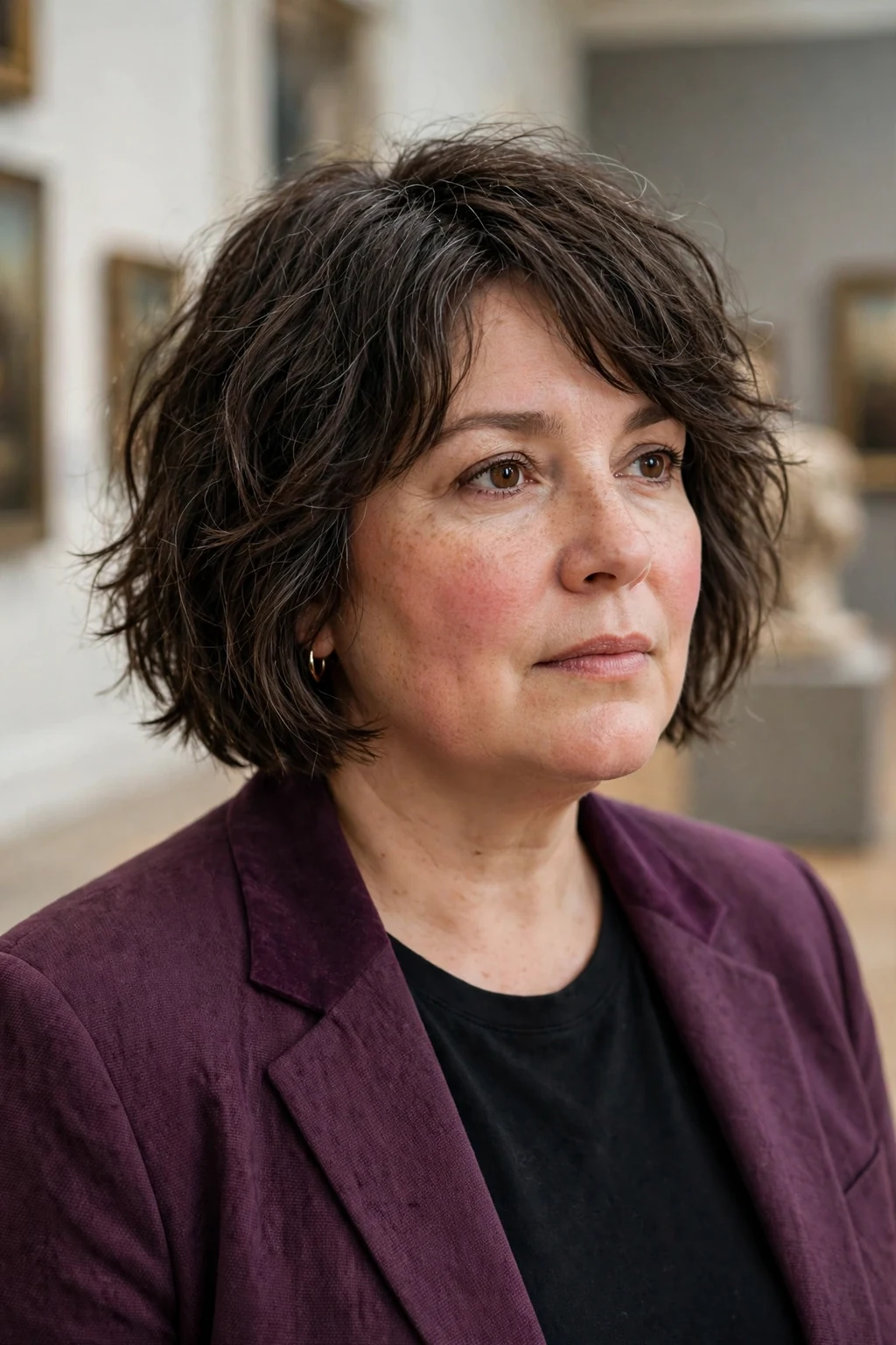 Plus-size woman in her forties with a chin-length textured bob, wearing a plum blazer in a museum gallery.