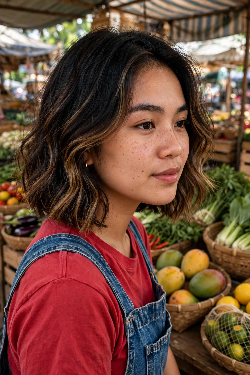 Young woman with a chin-length wavy bob and bouncy waves.
