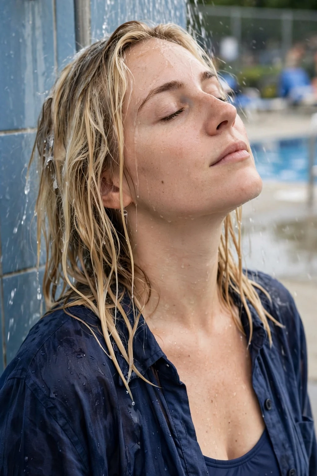 A young woman with shoulder-length blonde hair rinsing chlorine out of her hair under an outdoor pool shower.