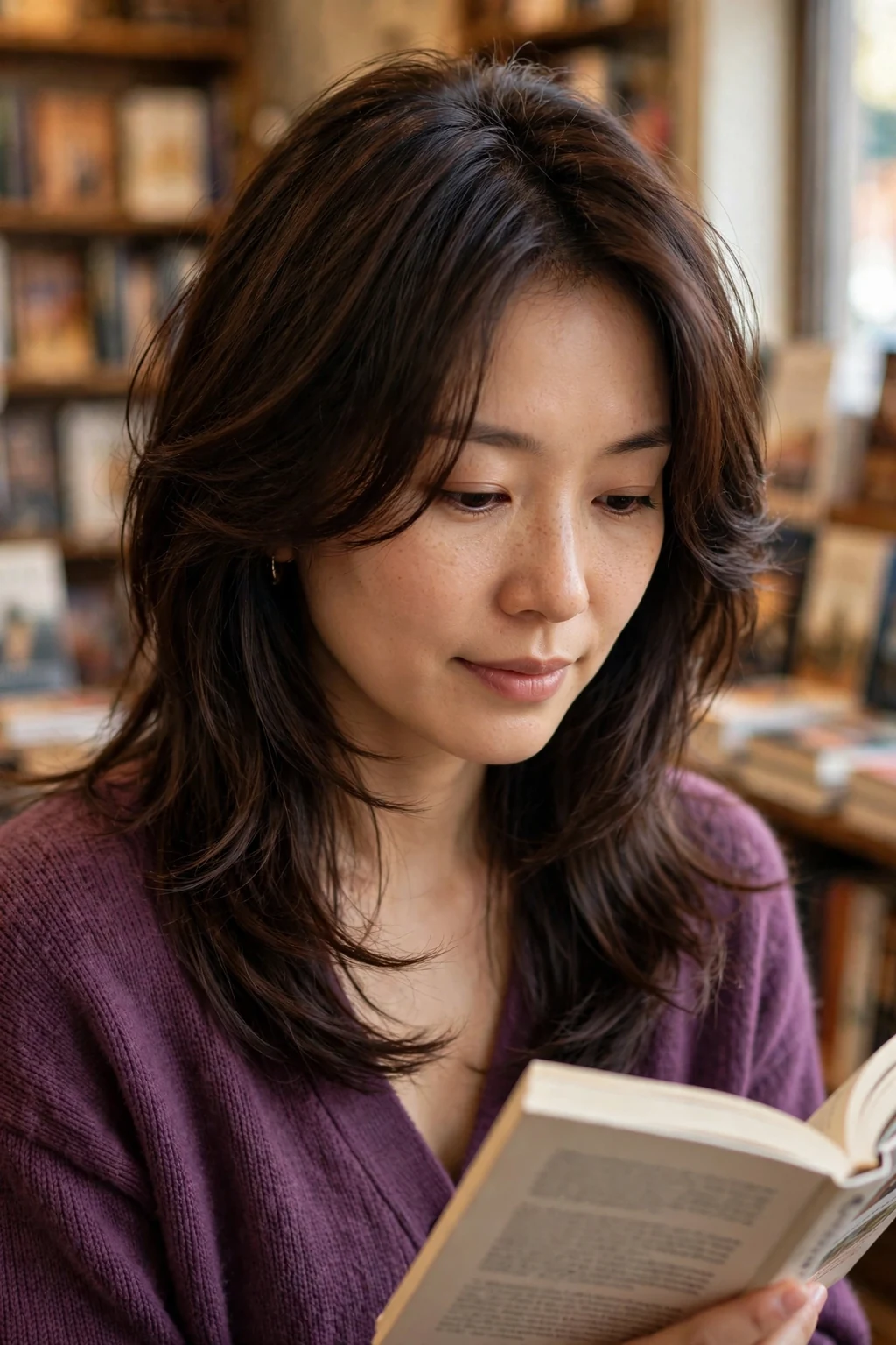 Young woman with a chocolate butterfly cut, reading in a bookstore wearing a plum cardigan.