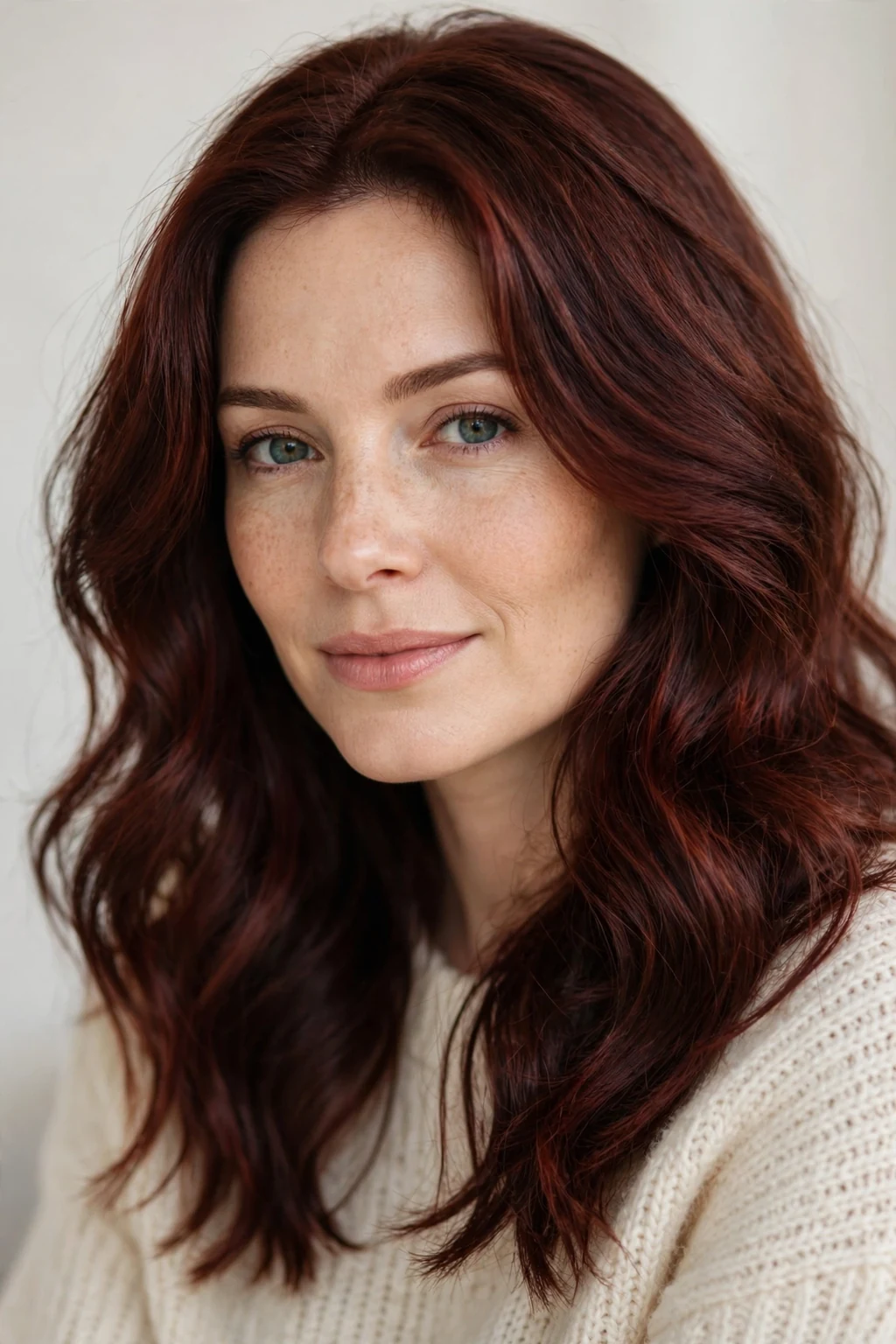 Woman with chocolate cherry auburn, deep cherry-brown richness, luscious light.