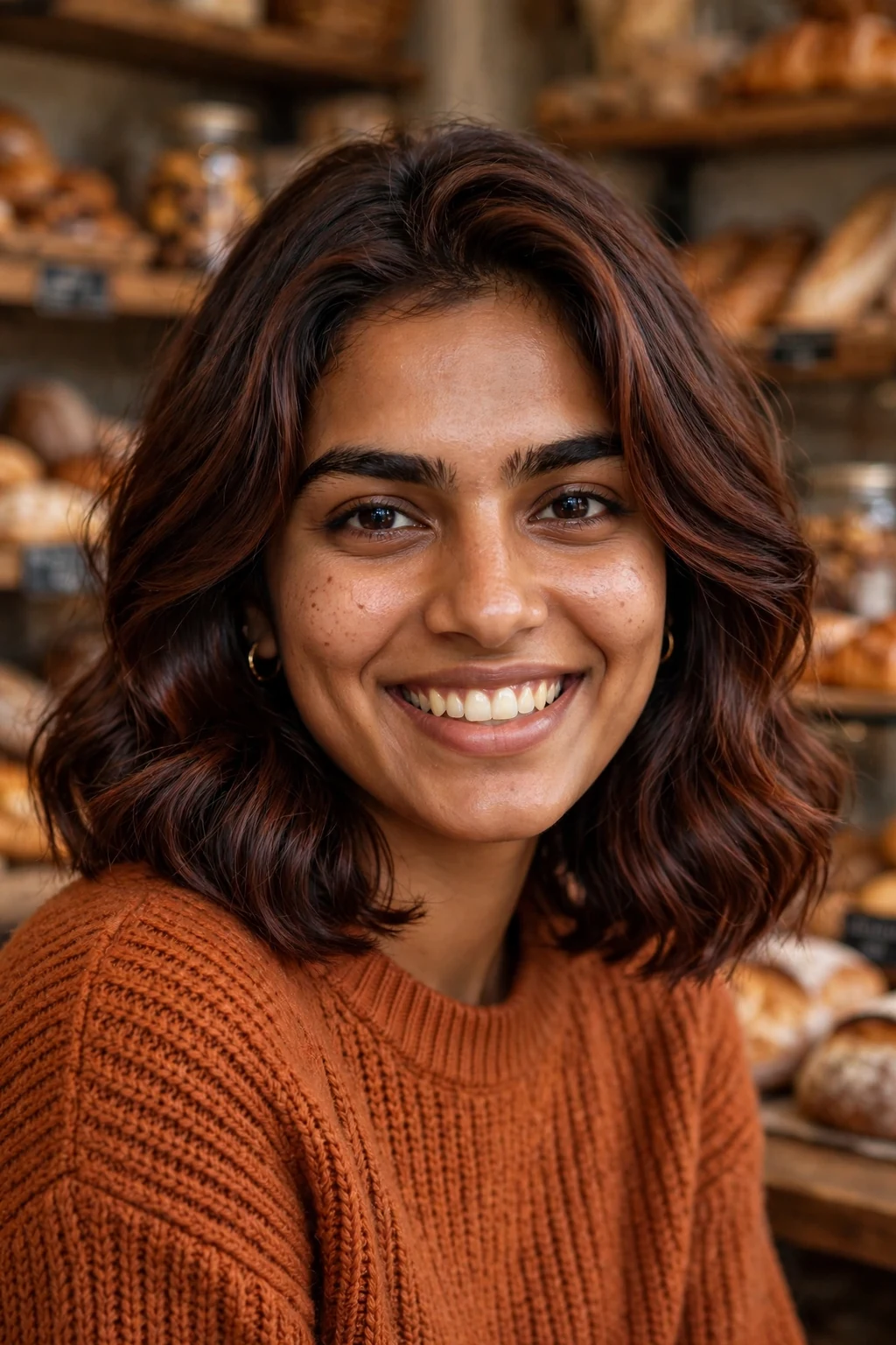 Young South Asian woman in her late 20s with a chocolate cherry brown lob with soft bends, in a bakery wearing a rust-orange sweater.