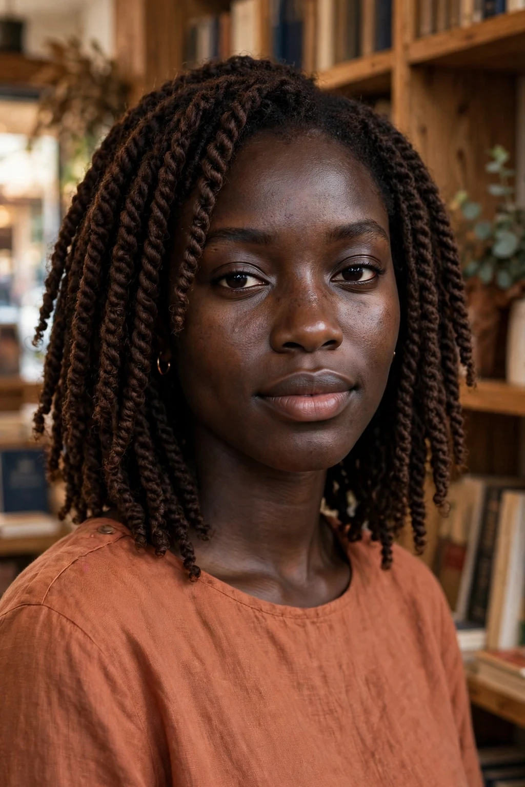 Young Black woman with shoulder-length chocolate passion twists, wearing a terracotta top, in a bookshop.
