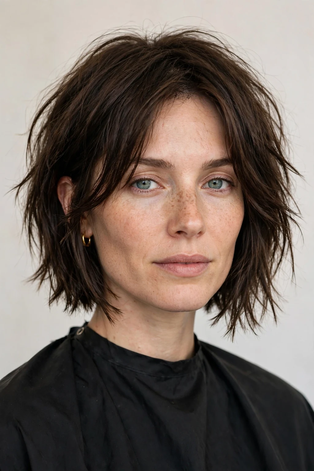 Woman with choppy A-line bob, angled cut longer in front, modern geometric shape.