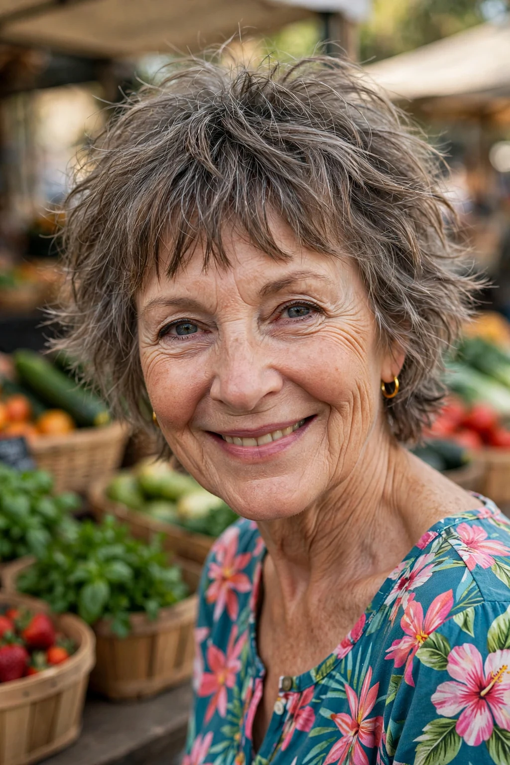 Beautiful older woman with choppy bangs, playful choppy bangs, fun light.