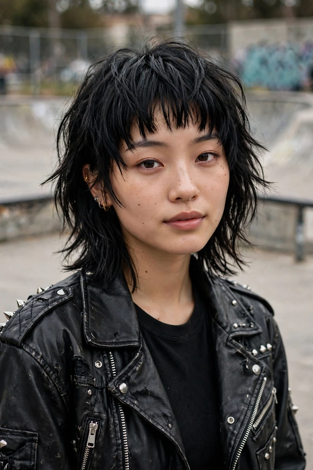 Beautiful woman with choppy bangs, bold choppy bangs, edgy light.