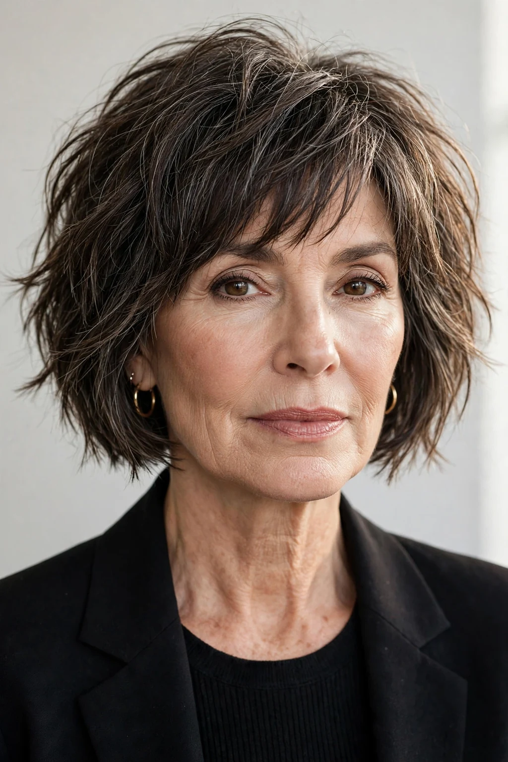 Elegant woman over 50 with choppy bob, edgy piece-y texture, bold light.