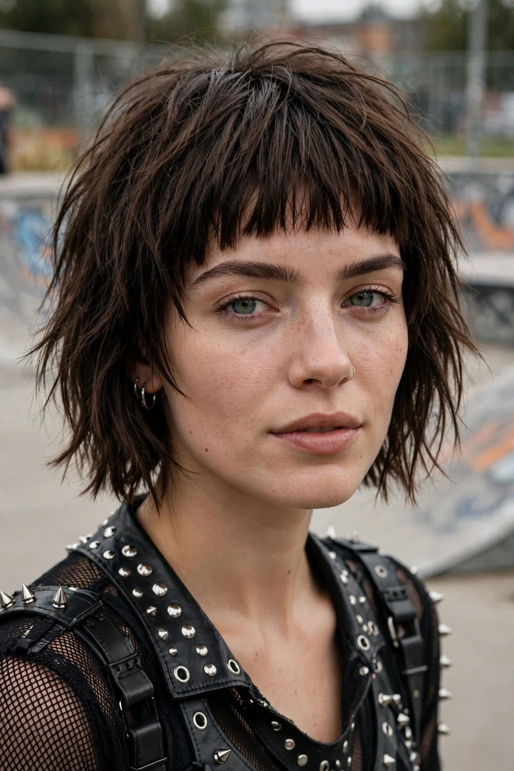 Beautiful woman with choppy bob bangs, bold choppy bob bangs, edgy light.