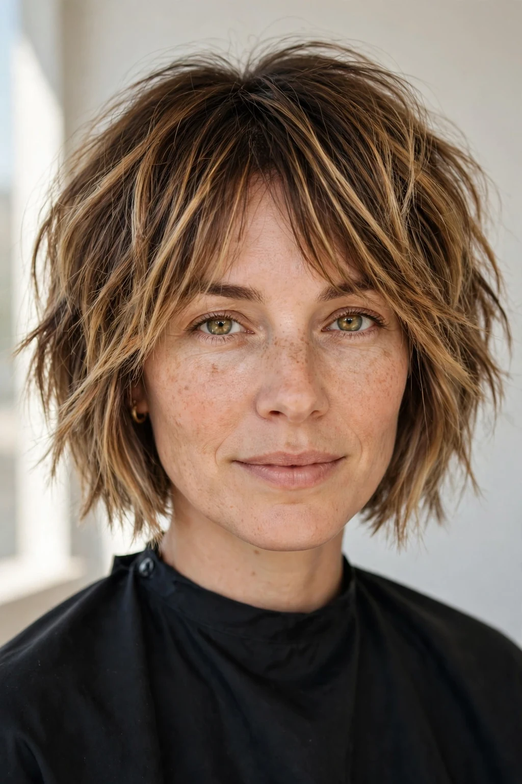 Woman with choppy bob and balayage, hand-painted color with textured cut, sunlit photo.