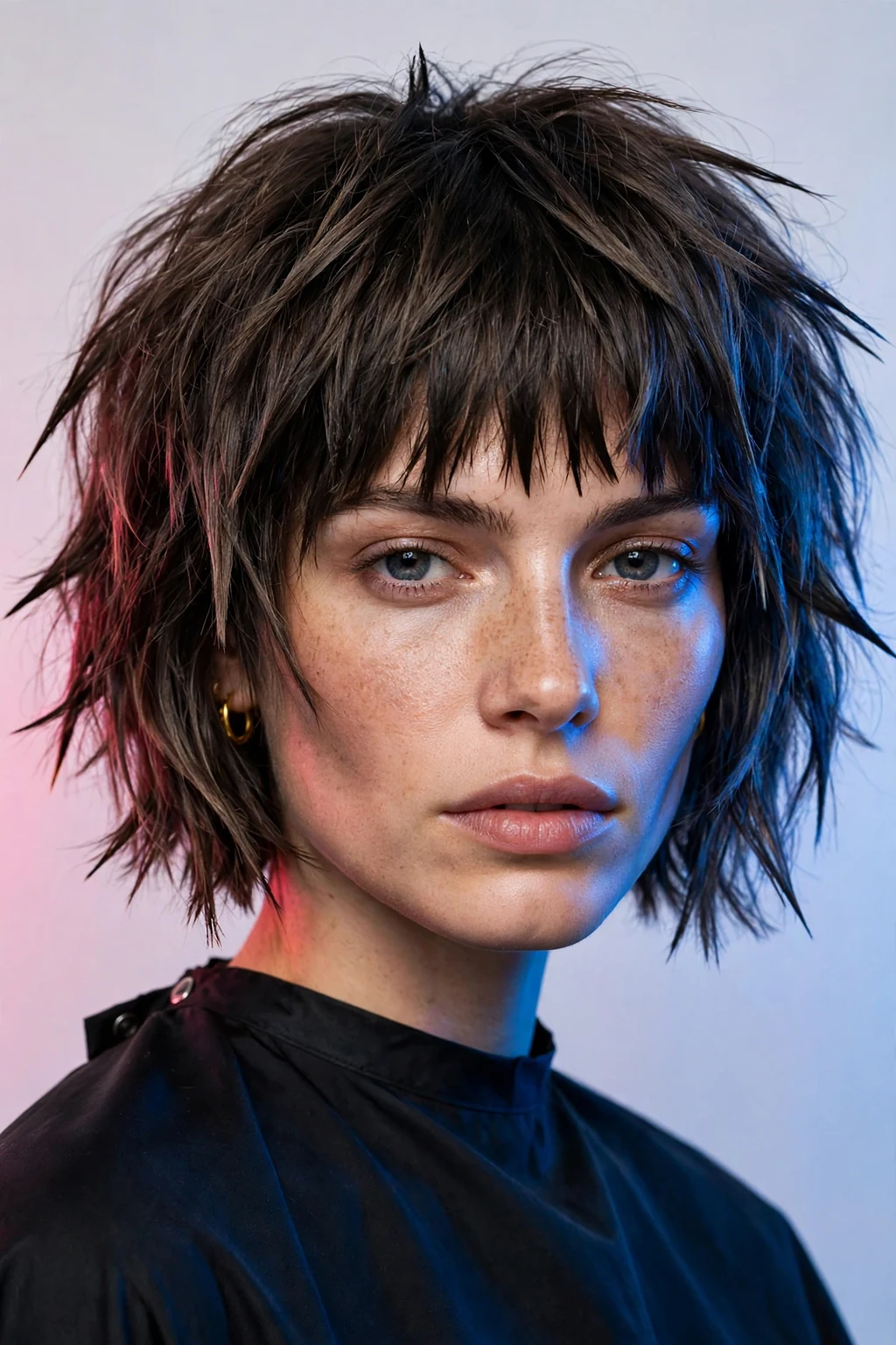 Woman with choppy bob and bangs, jagged edgy texture, bold trendy light.