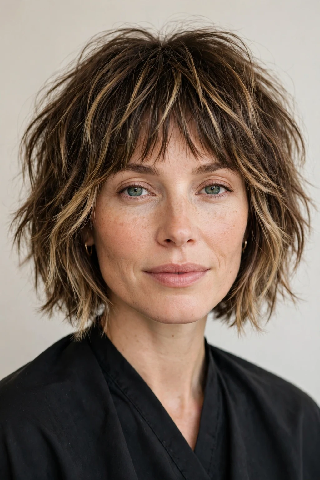 Woman with a choppy bob and full bangs, textured fringe, modern studio lighting.