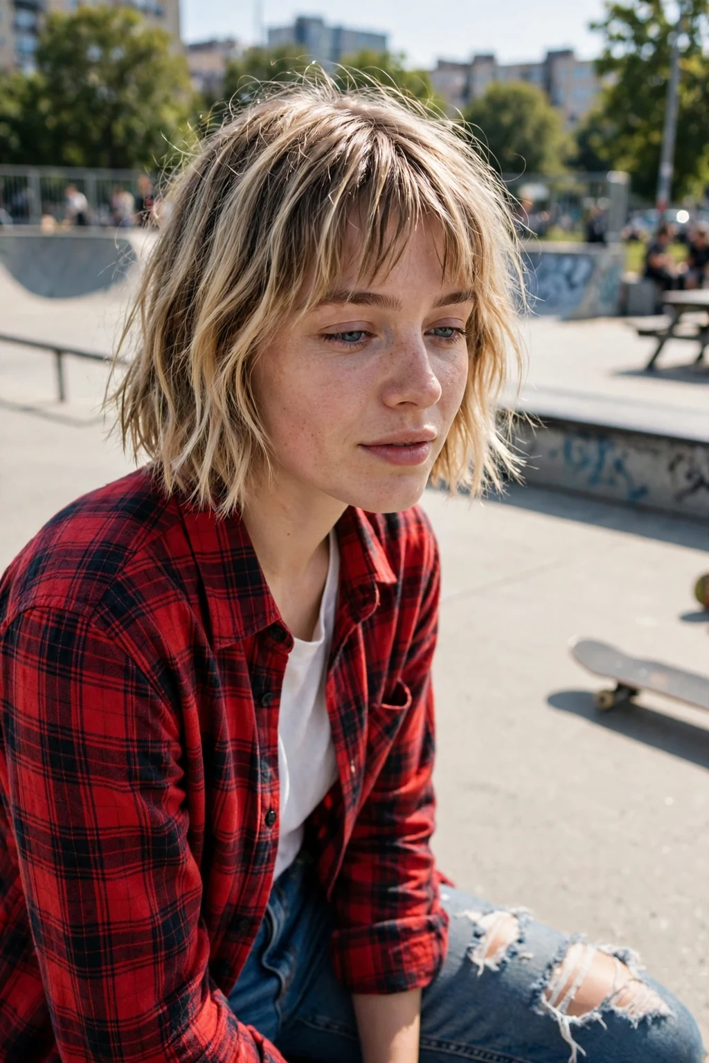Young woman with a choppy bob and curtain bangs, skateboarding at a sunny skate park.