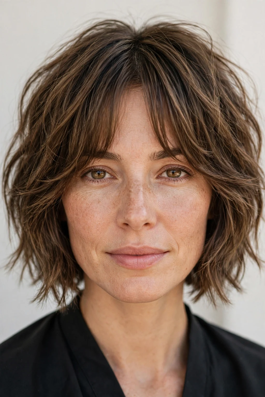 Woman with choppy bob and curtain bangs, face-framing fringe, soft flattering light.