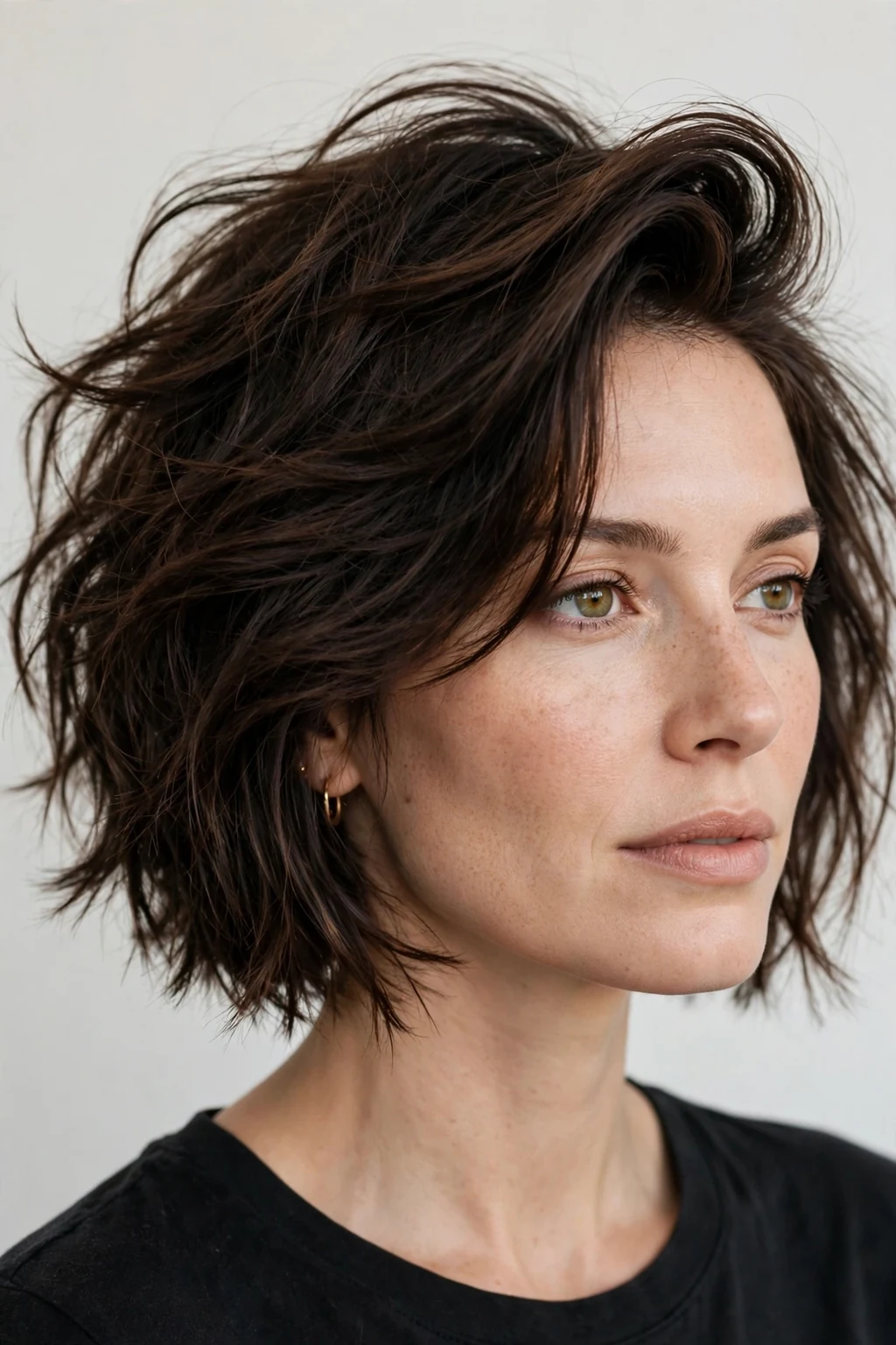 Woman with choppy bob and deep side part, dramatic sweep with piece-y texture.