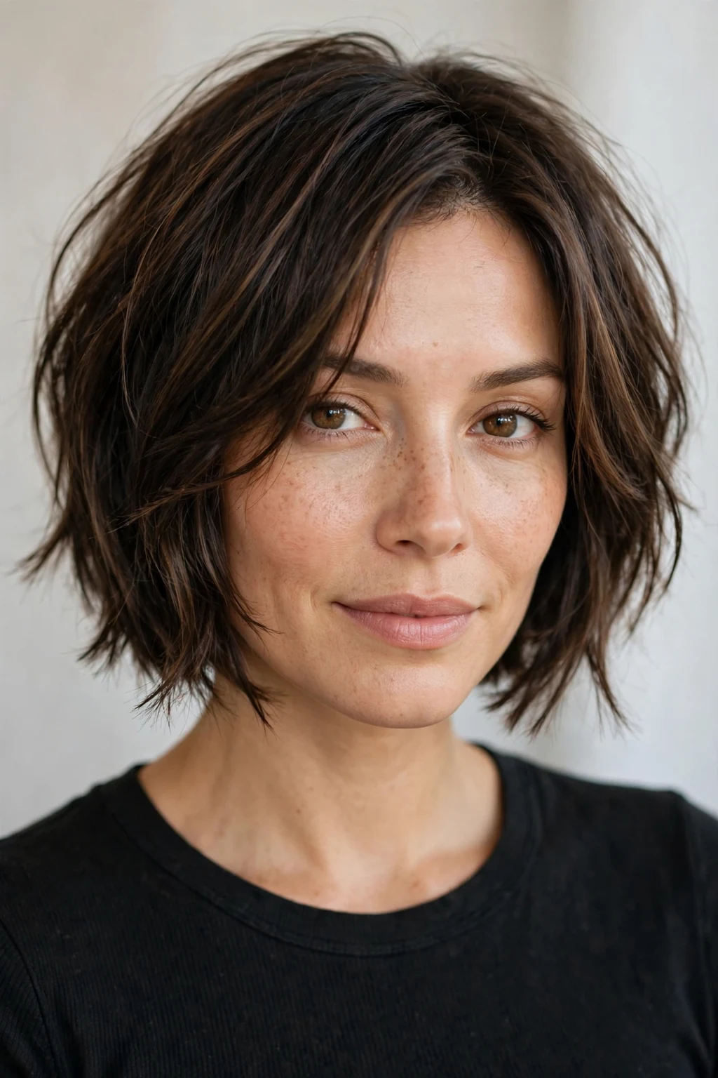 Woman with choppy bob and face-framing layers, flattering pieces around the face.
