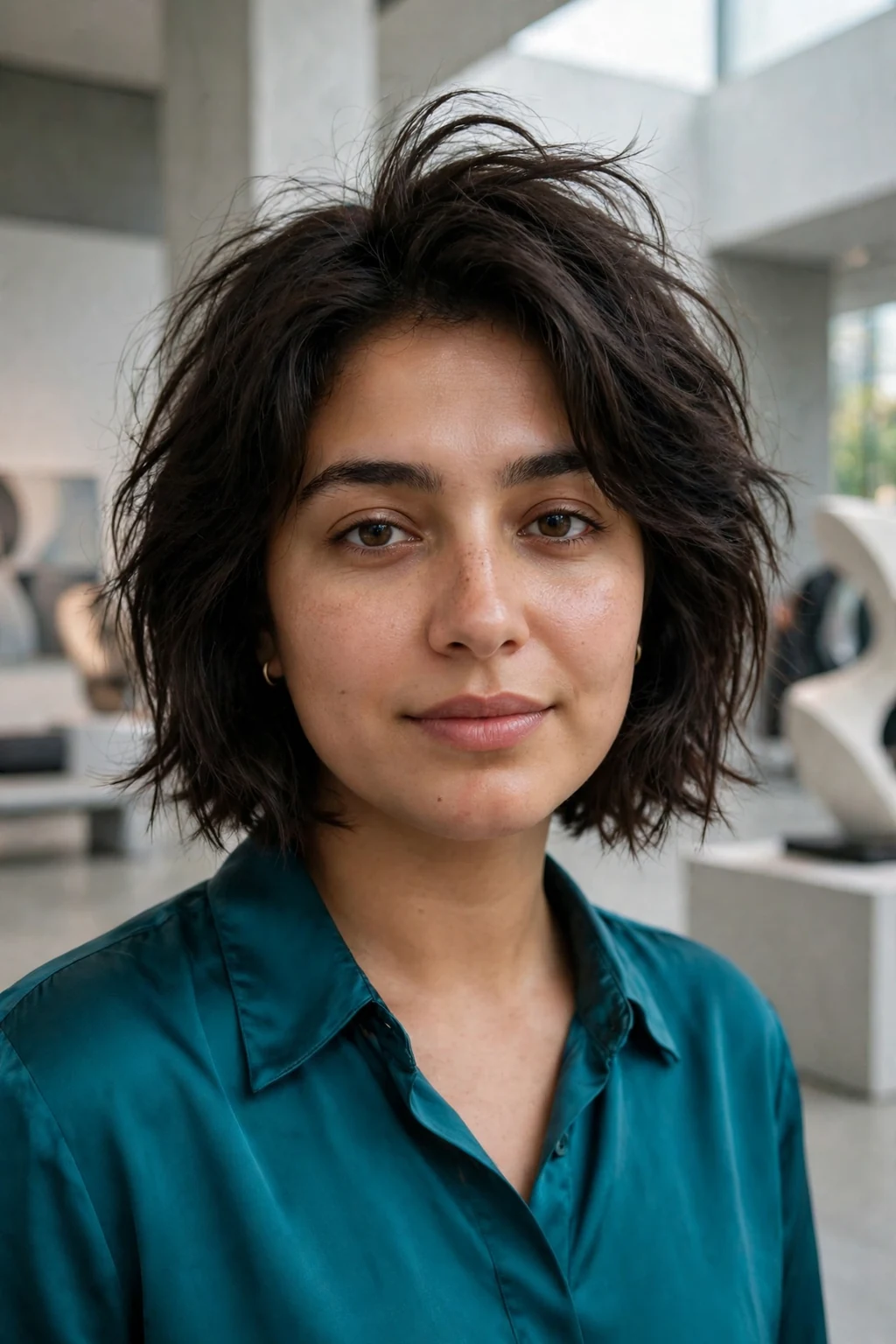 Young woman with a round face wearing a choppy bob with volume at the crown.