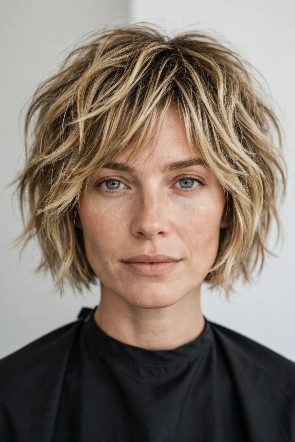 Woman with choppy bob and dimensional highlights, textured cut with blonde highlights.