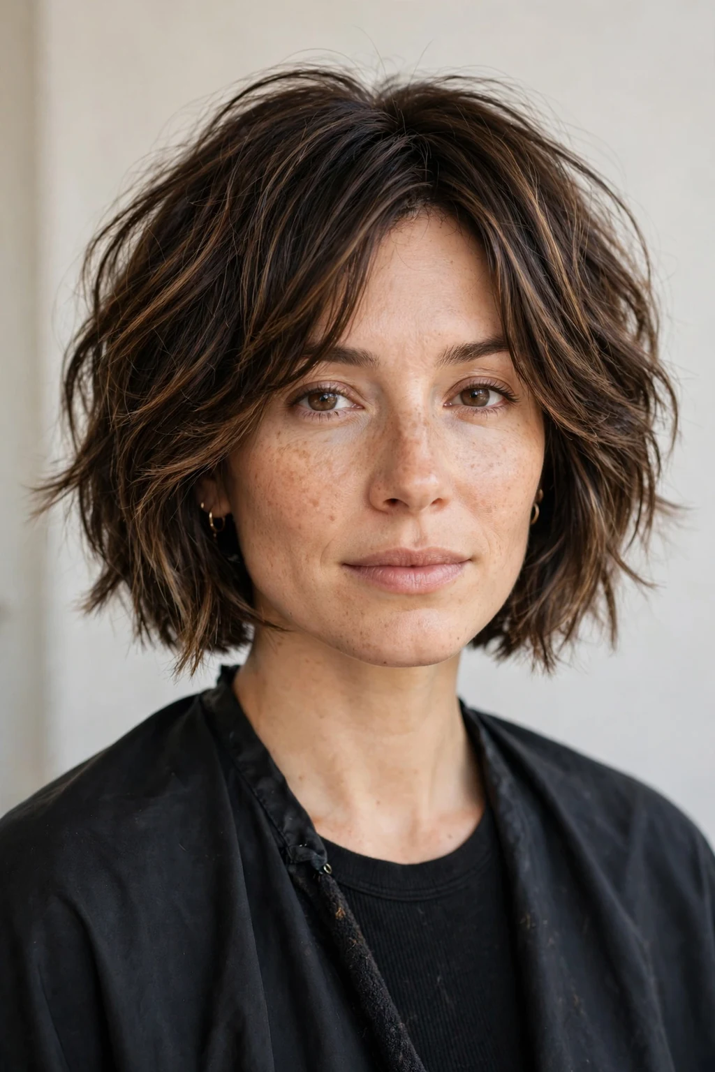 Woman with choppy bob and lowlights, dimensional darker pieces with textured cut, rich light.