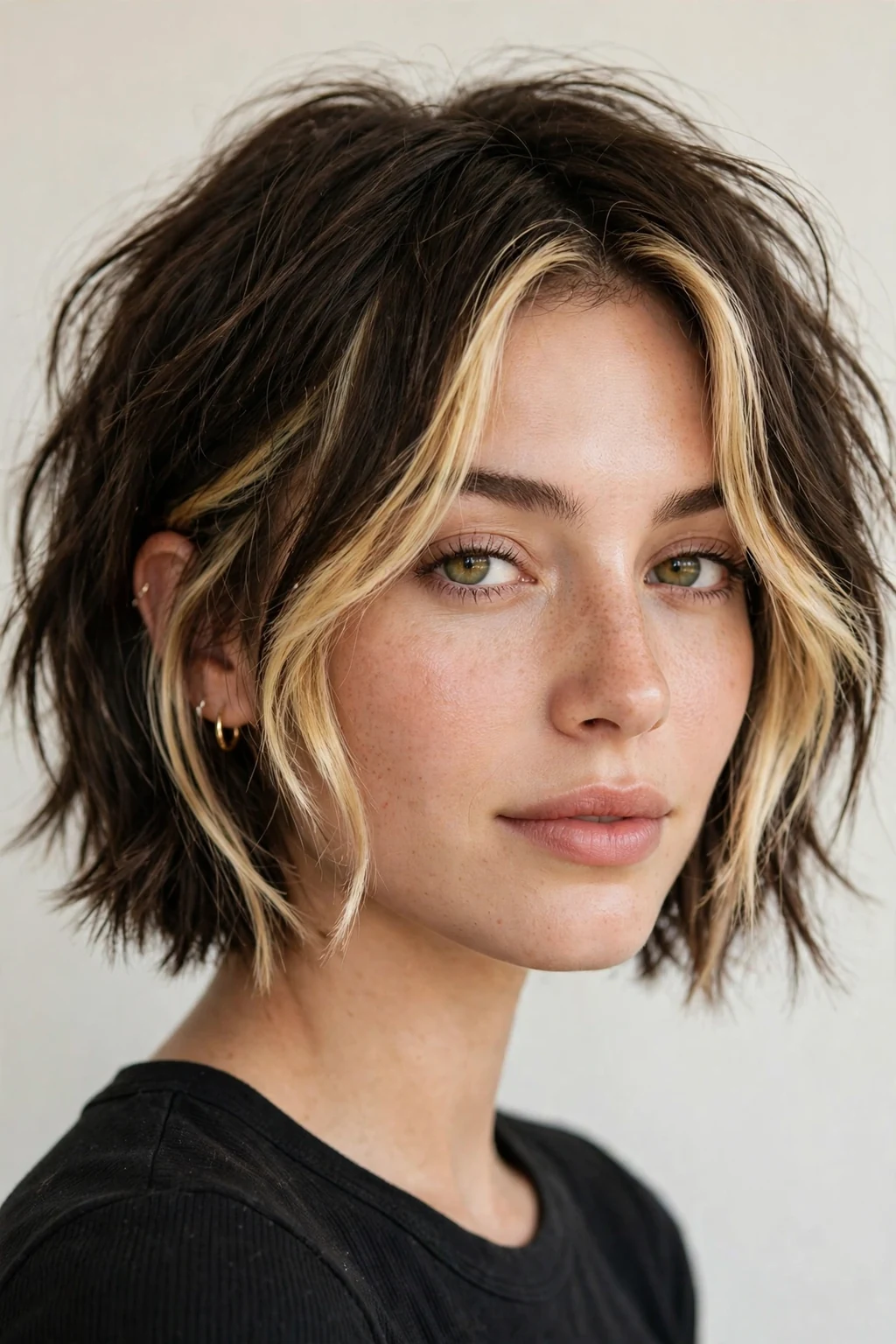Woman with choppy bob and money piece highlights, bright face-framing color, radiant light.