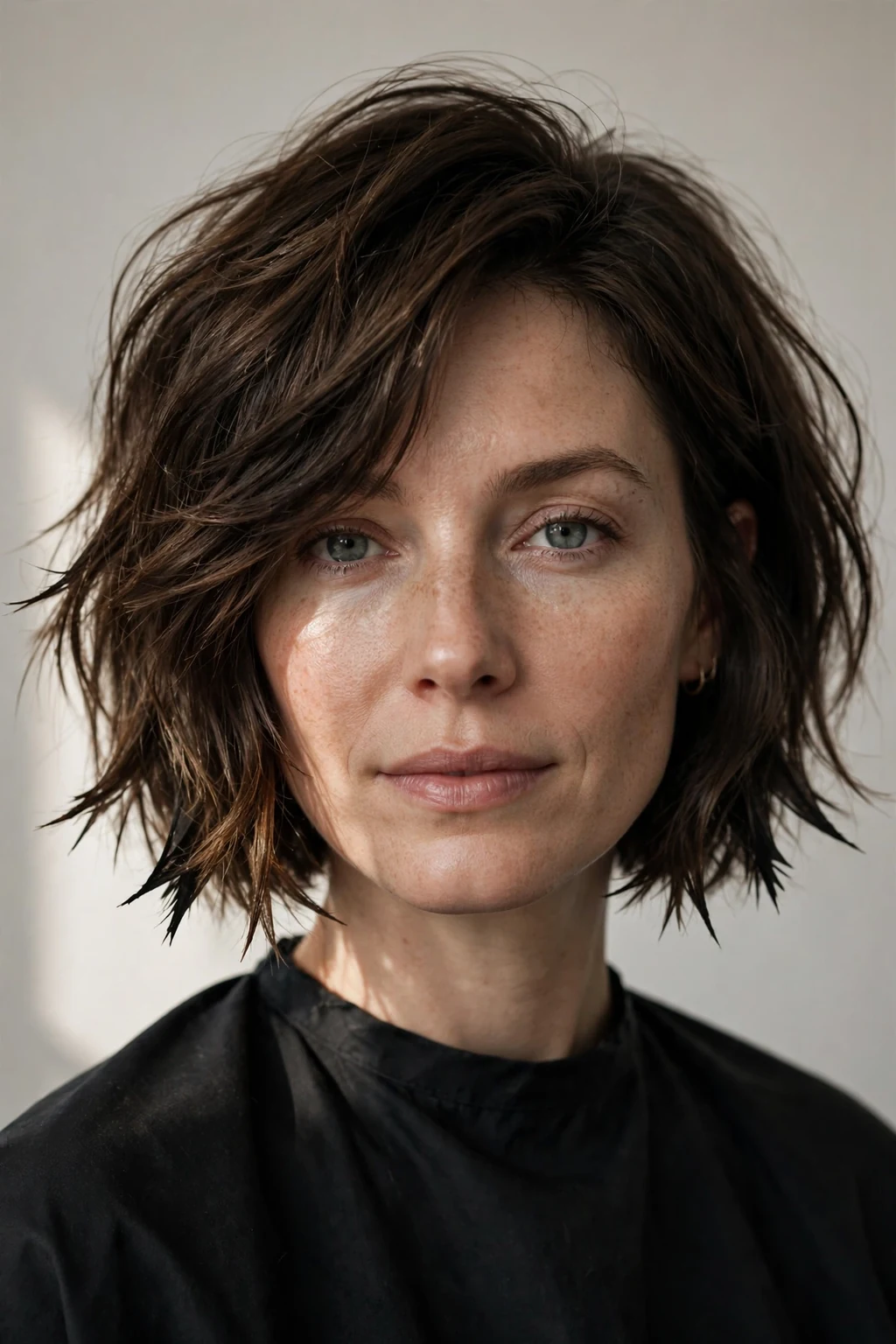 Woman with choppy bob and razored ends, sharp feathered texture, dramatic lighting.