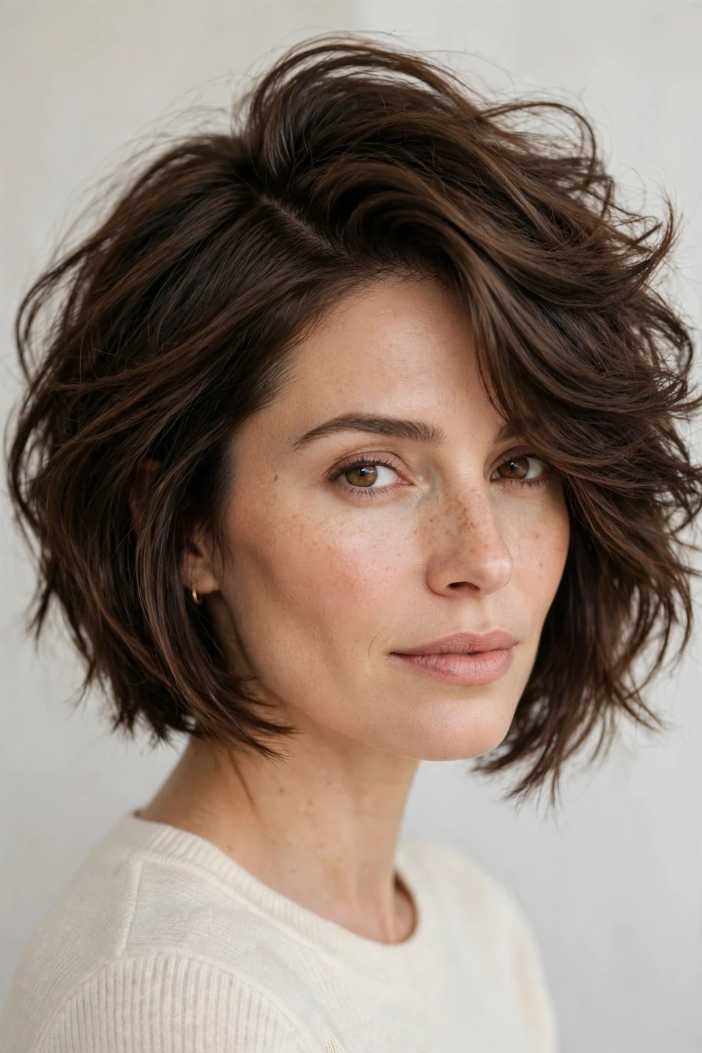Woman with choppy bob and side part, deep side sweep with textured layers, elegant light.