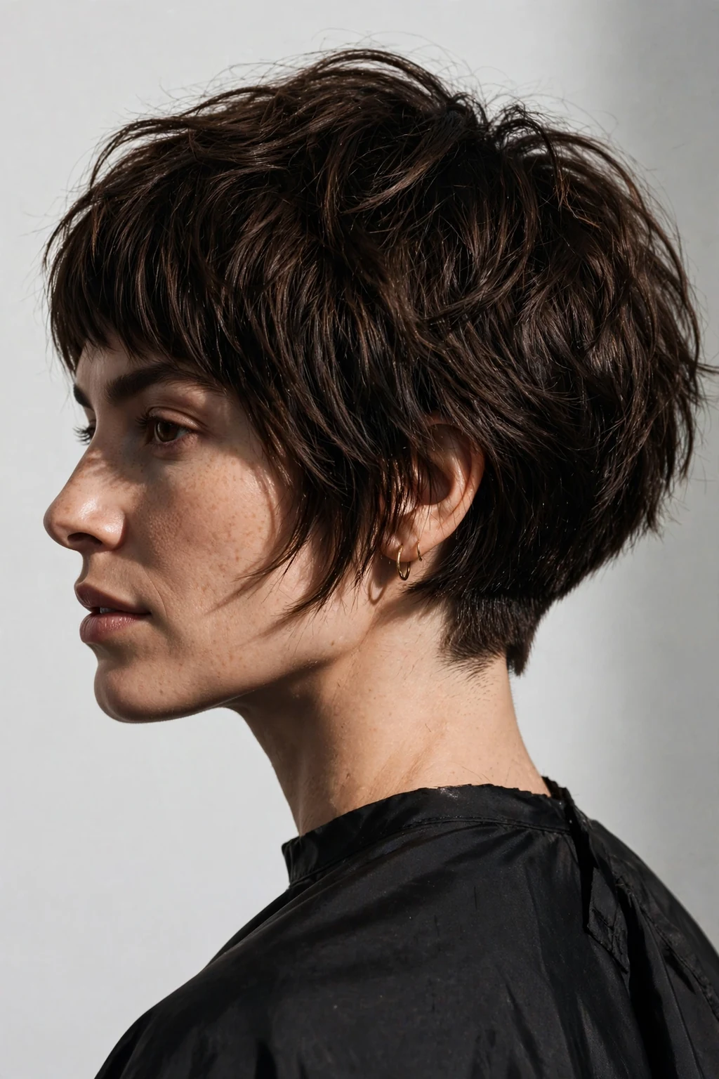 Woman with choppy bob and undercut, hidden shaved nape with textured top, bold lighting.
