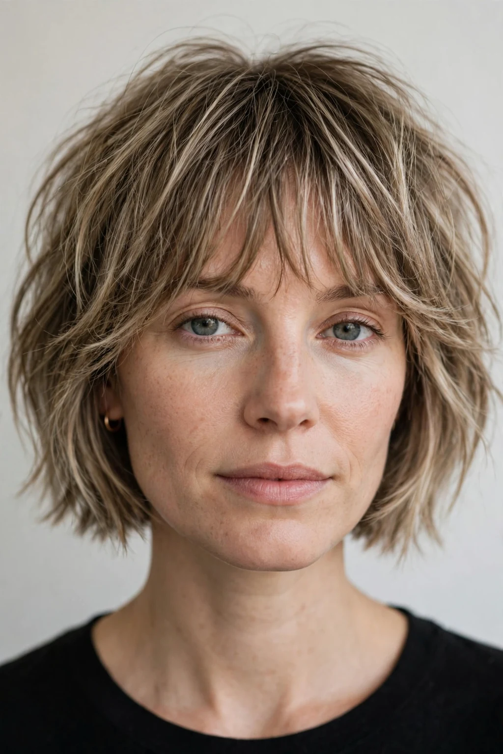 Woman with choppy bob and wispy bangs, soft feathery fringe with textured cut.