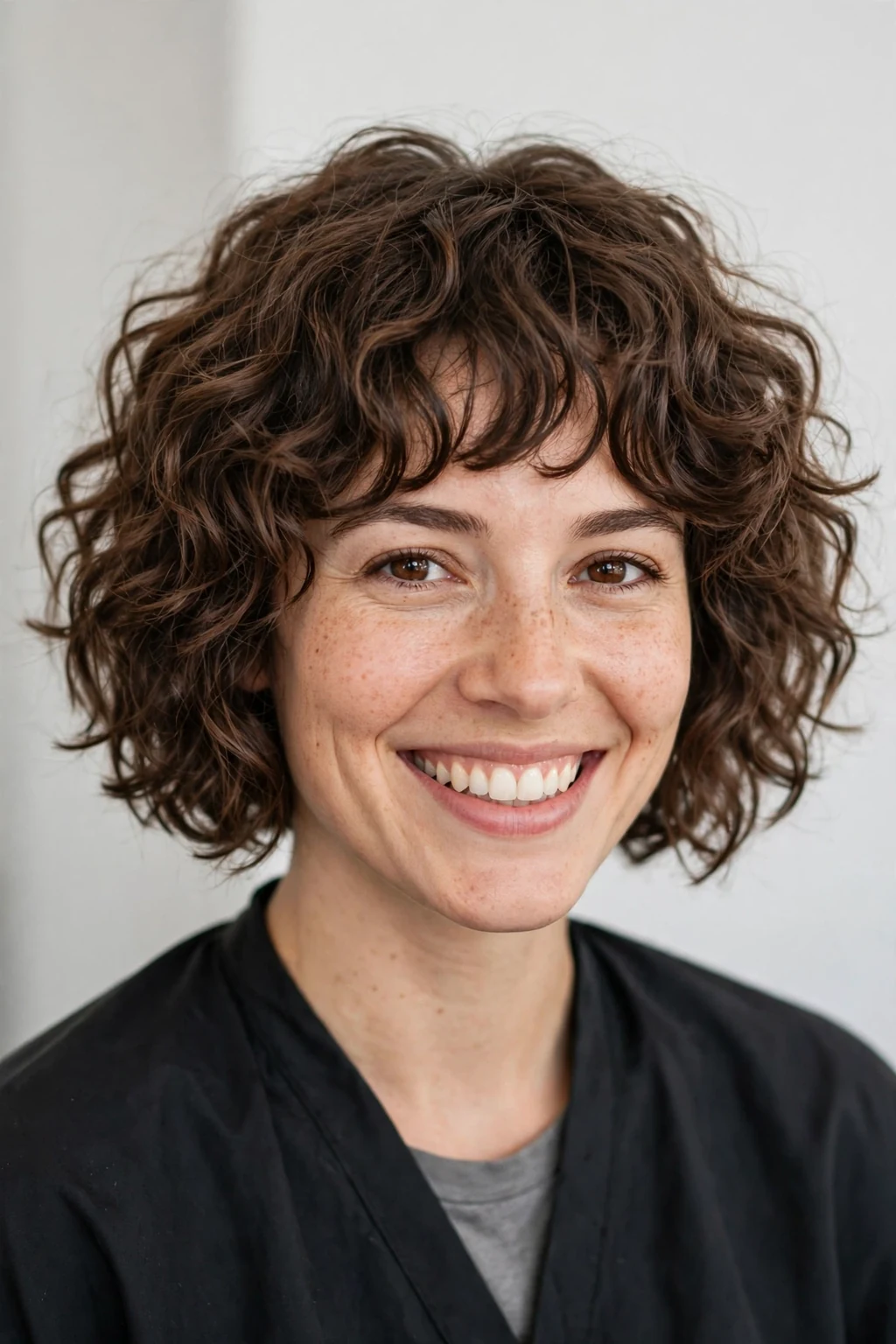 Woman with curly choppy bob, bouncy curls with choppy layers, joyful bright light.