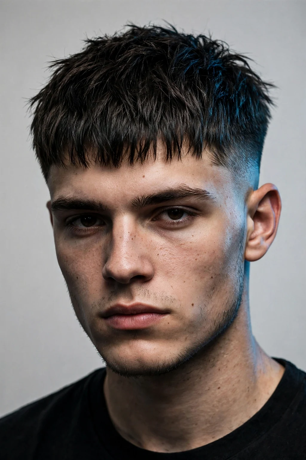 Man with choppy Edgar cut, jagged textured fringe, edgy barbershop photo.