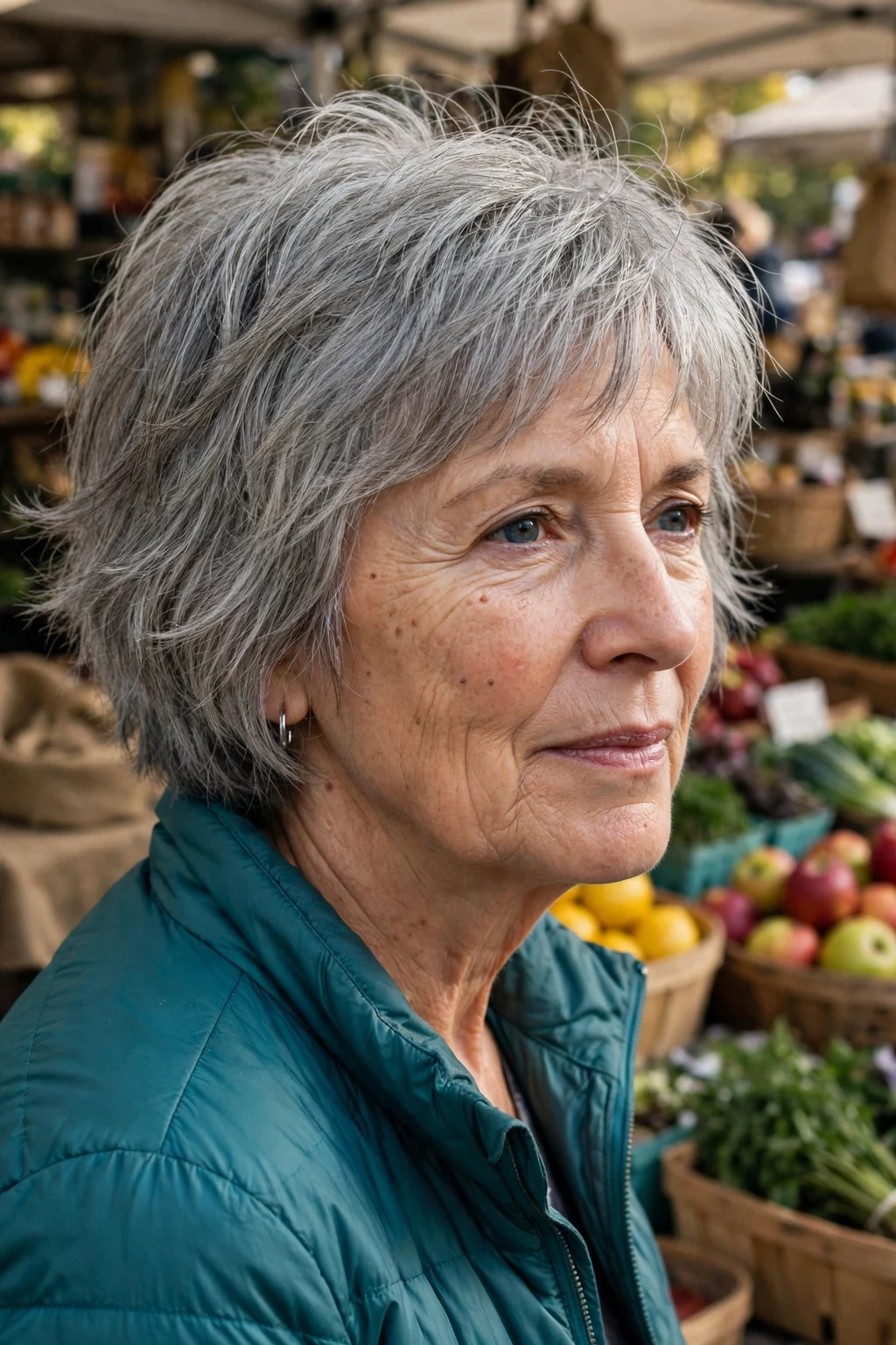 A mature Caucasian woman in her sixties with a choppy gray bob, wearing a teal jacket at a farmers market stall.