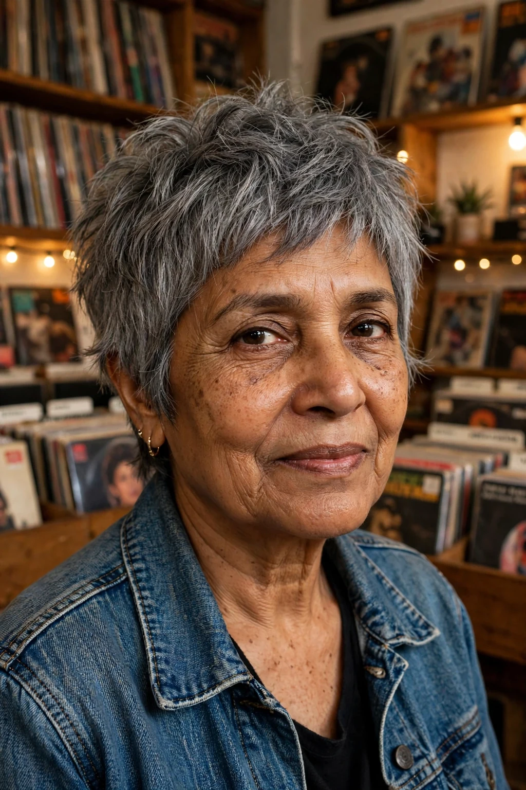 A woman in her late 60s with a choppy gray pixie cut, wearing a denim jacket in a vintage record store.