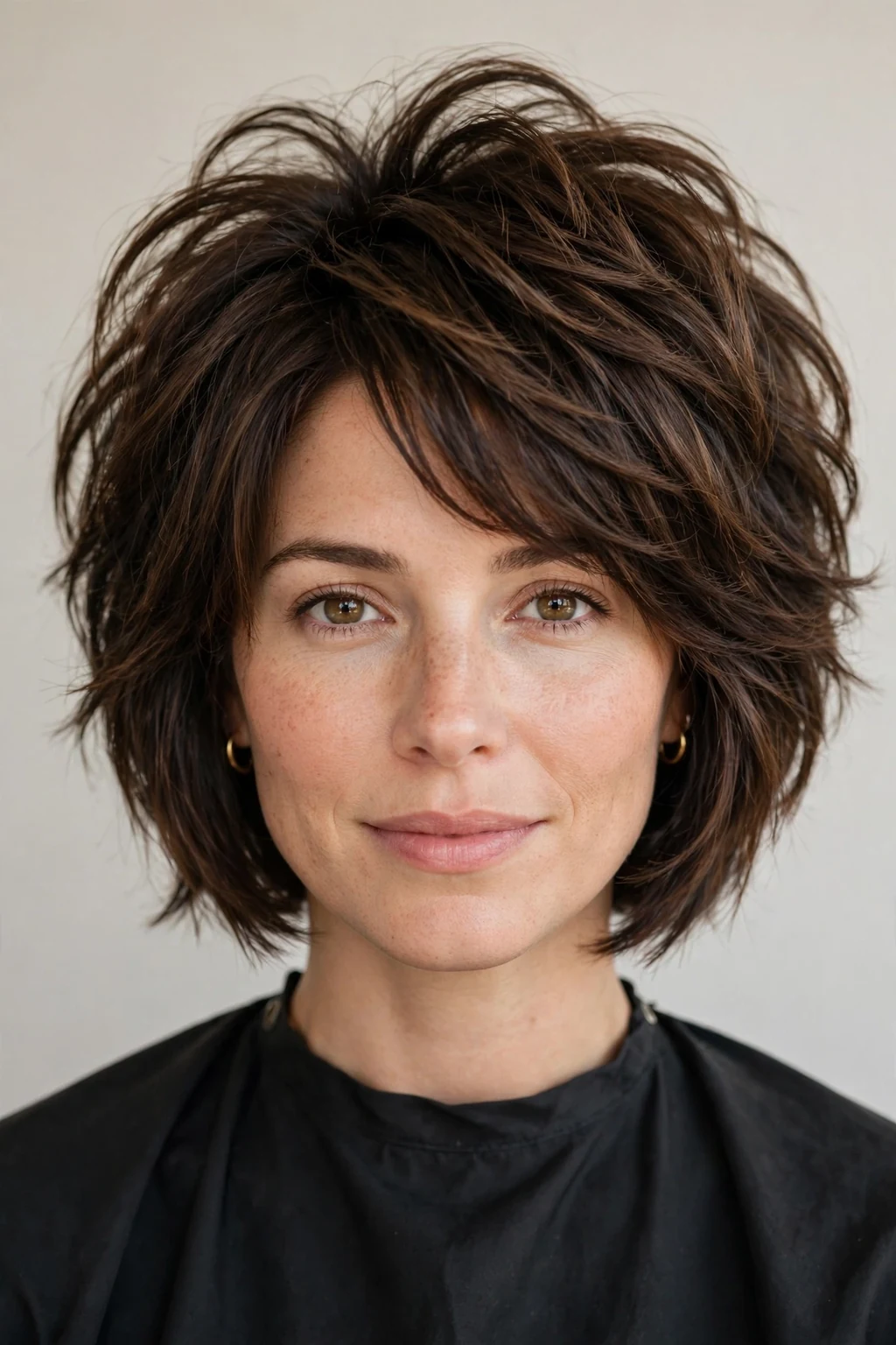 Woman with layered choppy bob, stacked layers with volume at the crown, soft lighting.