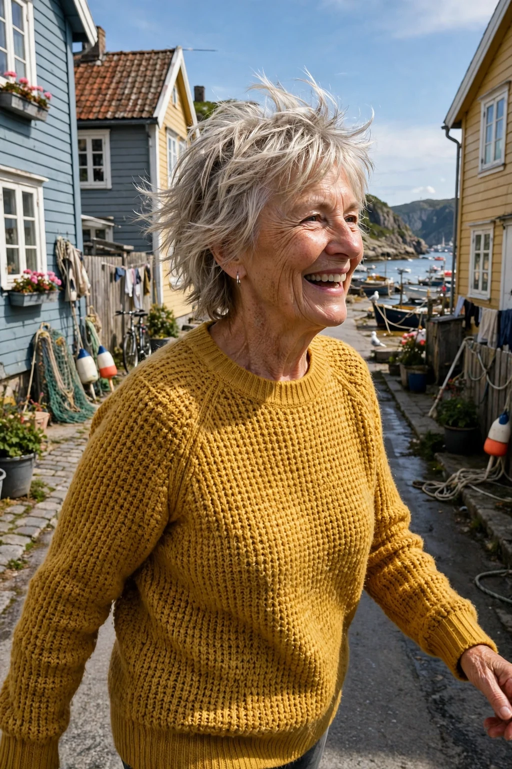 Mature Scandinavian woman in her early seventies with a choppy layered haircut, wearing a mustard knit sweater on a coastal town street.