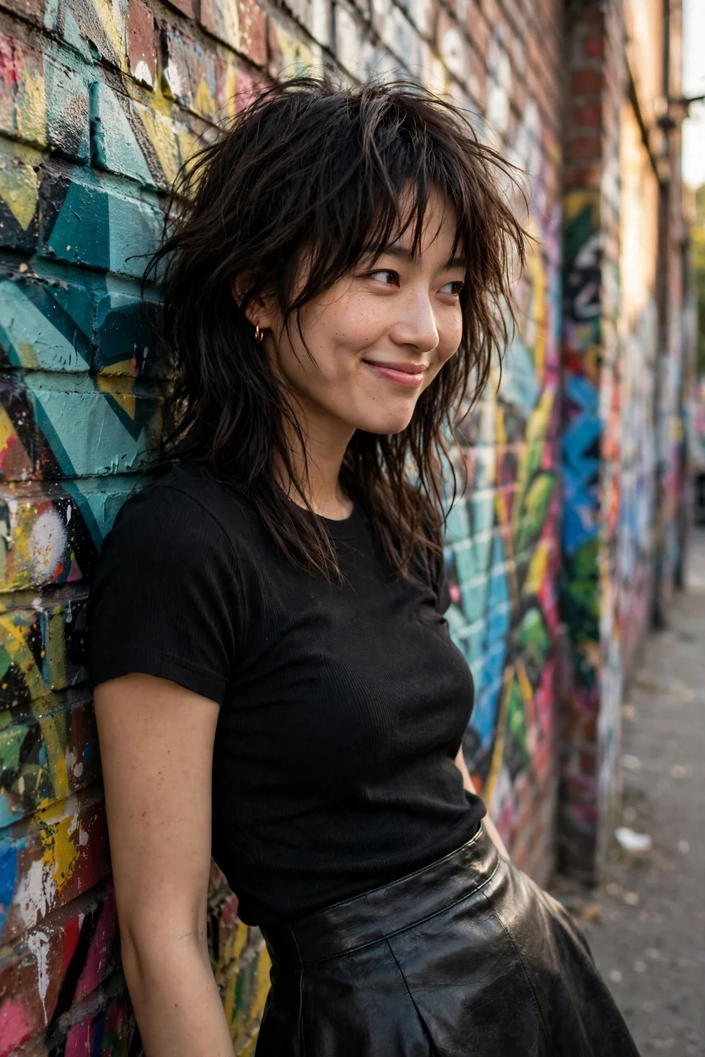 Young woman with choppy medium layers, leaning against a brick wall wearing a black leather skirt outfit.
