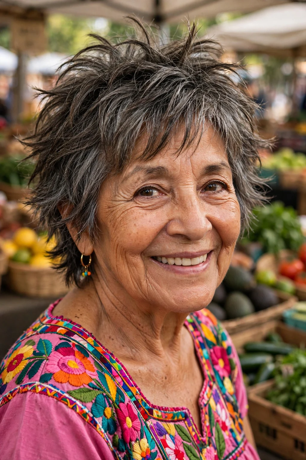 Beautiful older woman with choppy layers, playful choppy layers, fun light.
