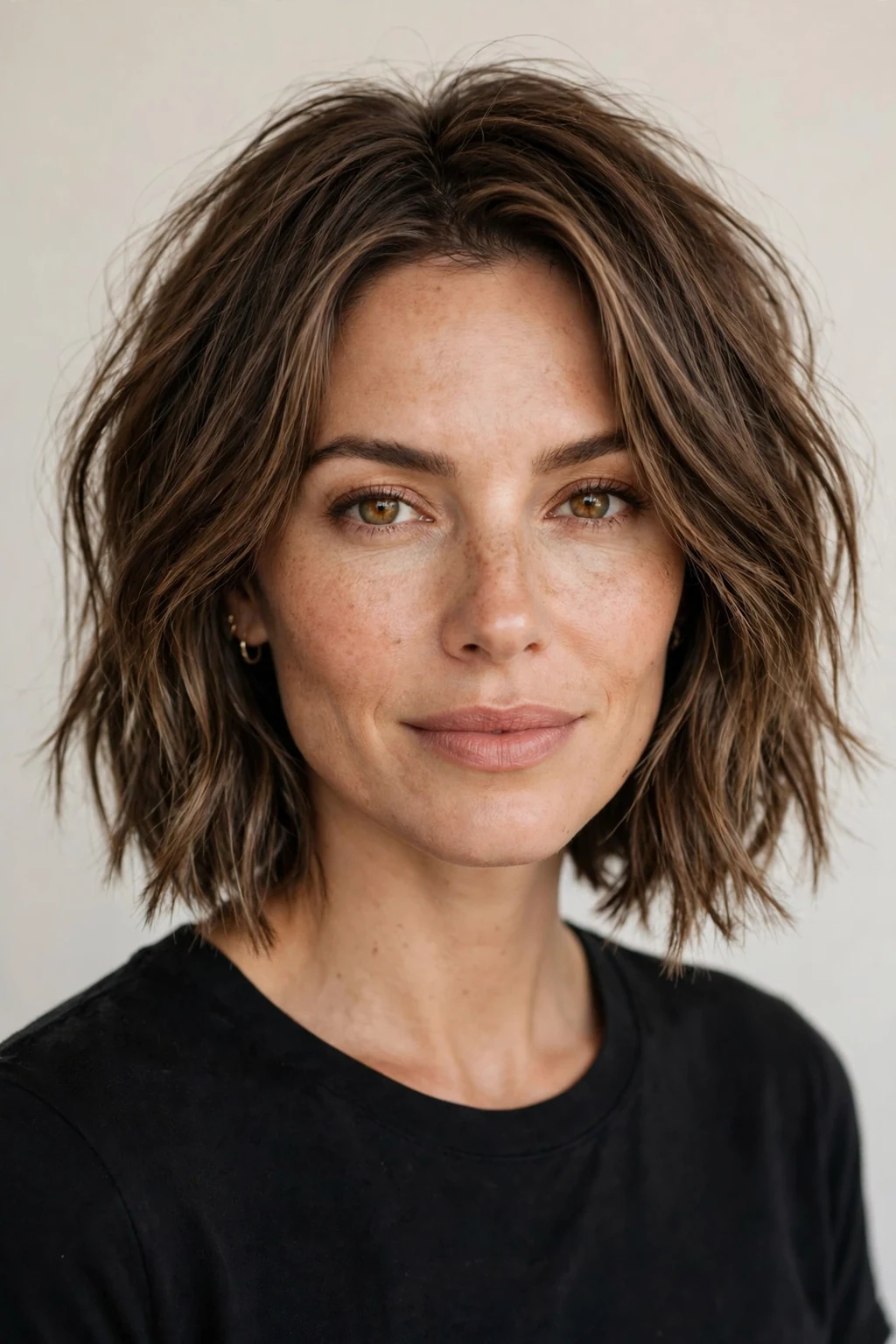 Woman with choppy lob, modern textured cut, confident light.