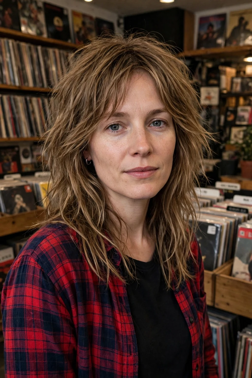 Young woman with choppy long layers, edgy textured hair, in a record shop.