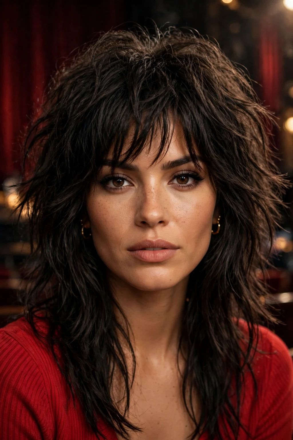 Beautiful woman with choppy long shag, dramatic choppy long shag, bold light.