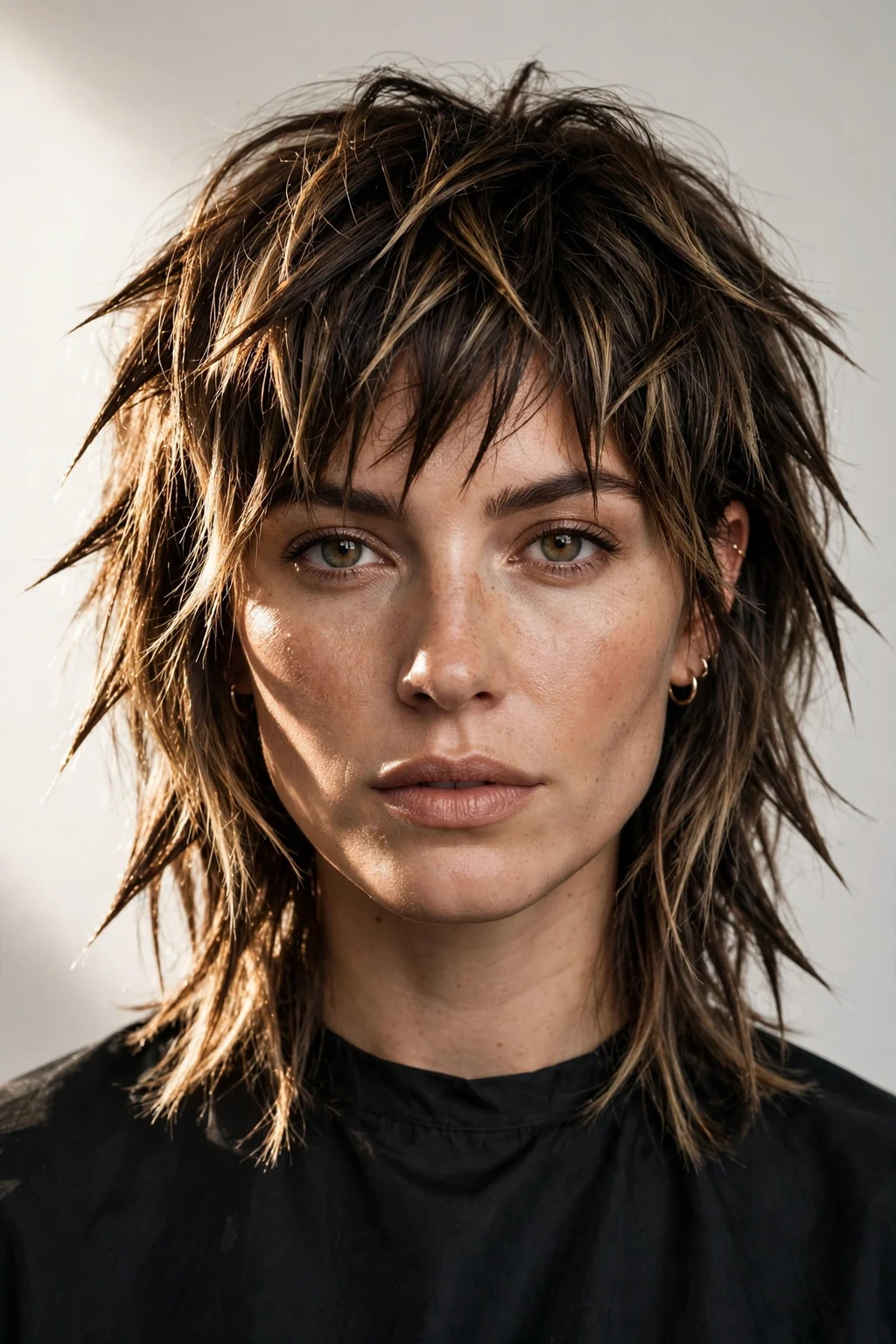 Woman with choppy medium cut, jagged edgy layers, bold dynamic light.