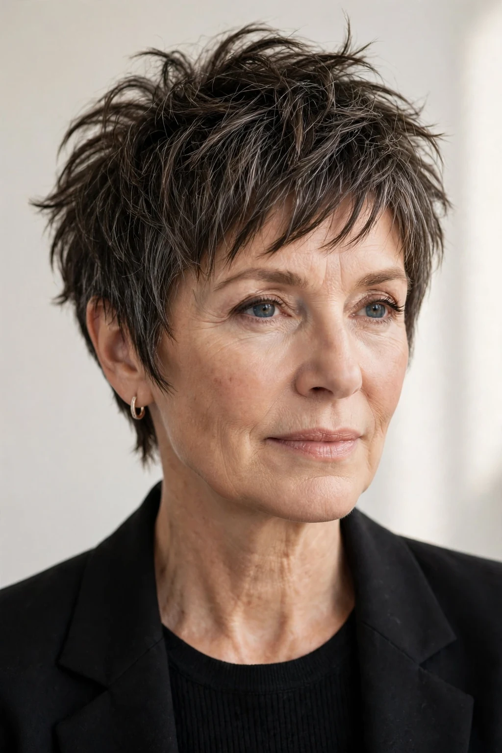 Elegant woman over 50 with choppy pixie, edgy piece-y texture, bold light.