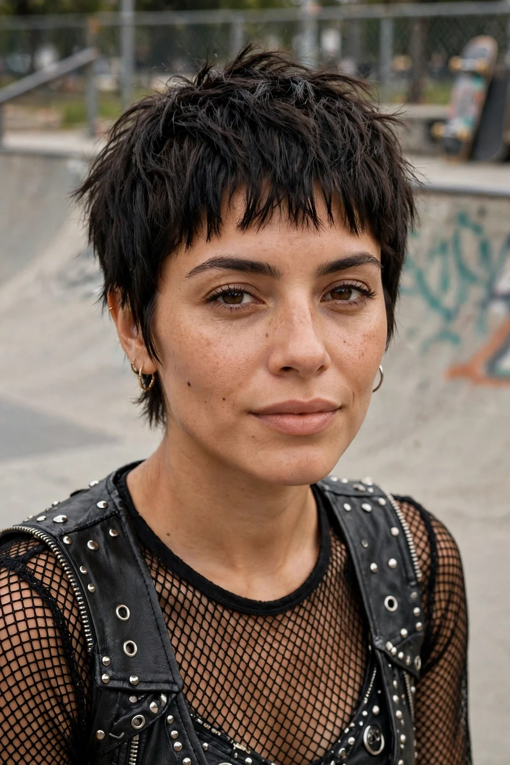 Beautiful woman with choppy pixie bangs, bold choppy pixie bangs, edgy light.