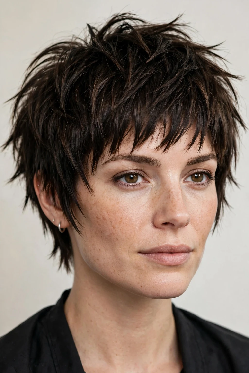 Woman with choppy pixie bob, jagged edgy texture, bold studio lighting.