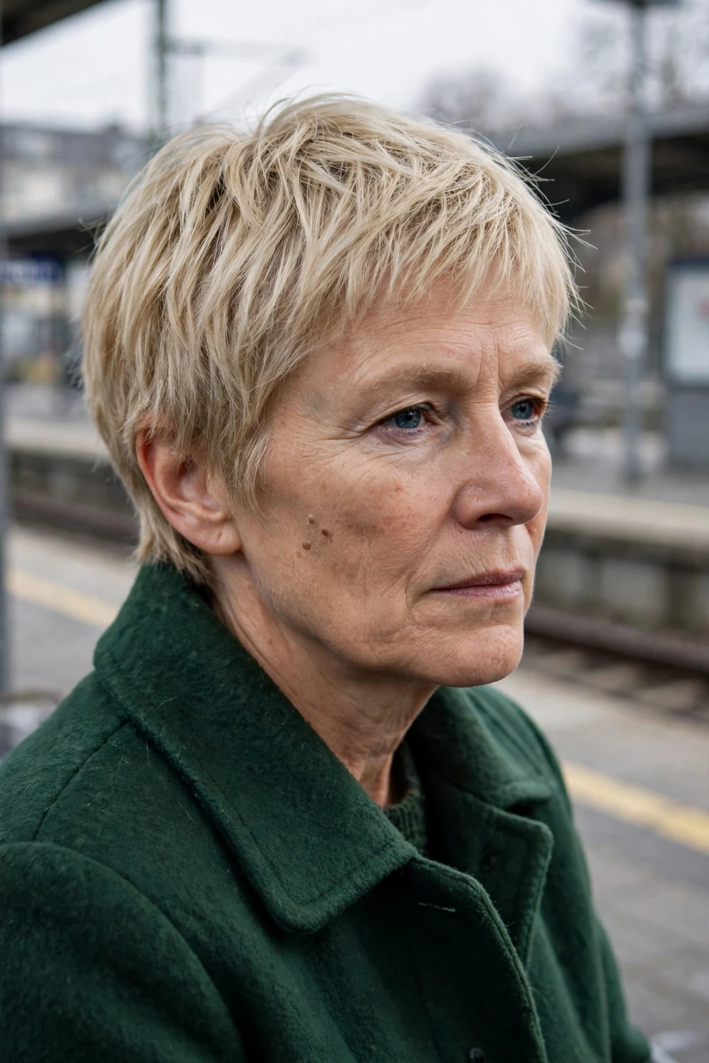 Mature woman over 50 with a choppy pixie bob haircut for fine thin hair, styled and full of volume.