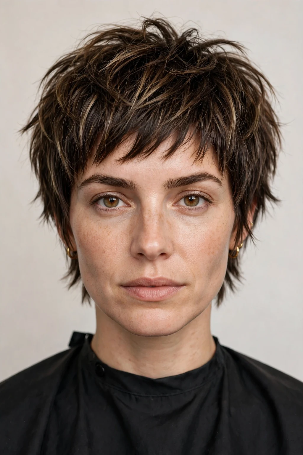 Woman with a choppy pixie bob, short edgy cut with textured layers, bold studio light.