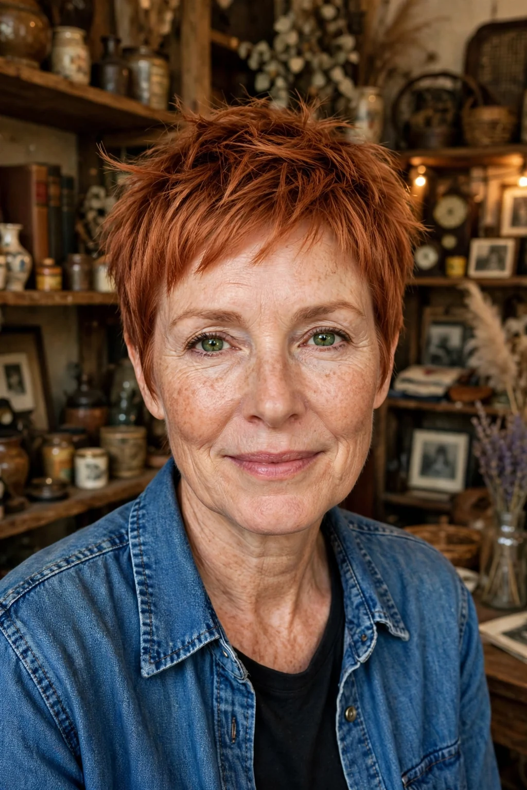 A woman in her early fifties with a choppy pixie haircut, wearing a denim shirt in a vintage shop.