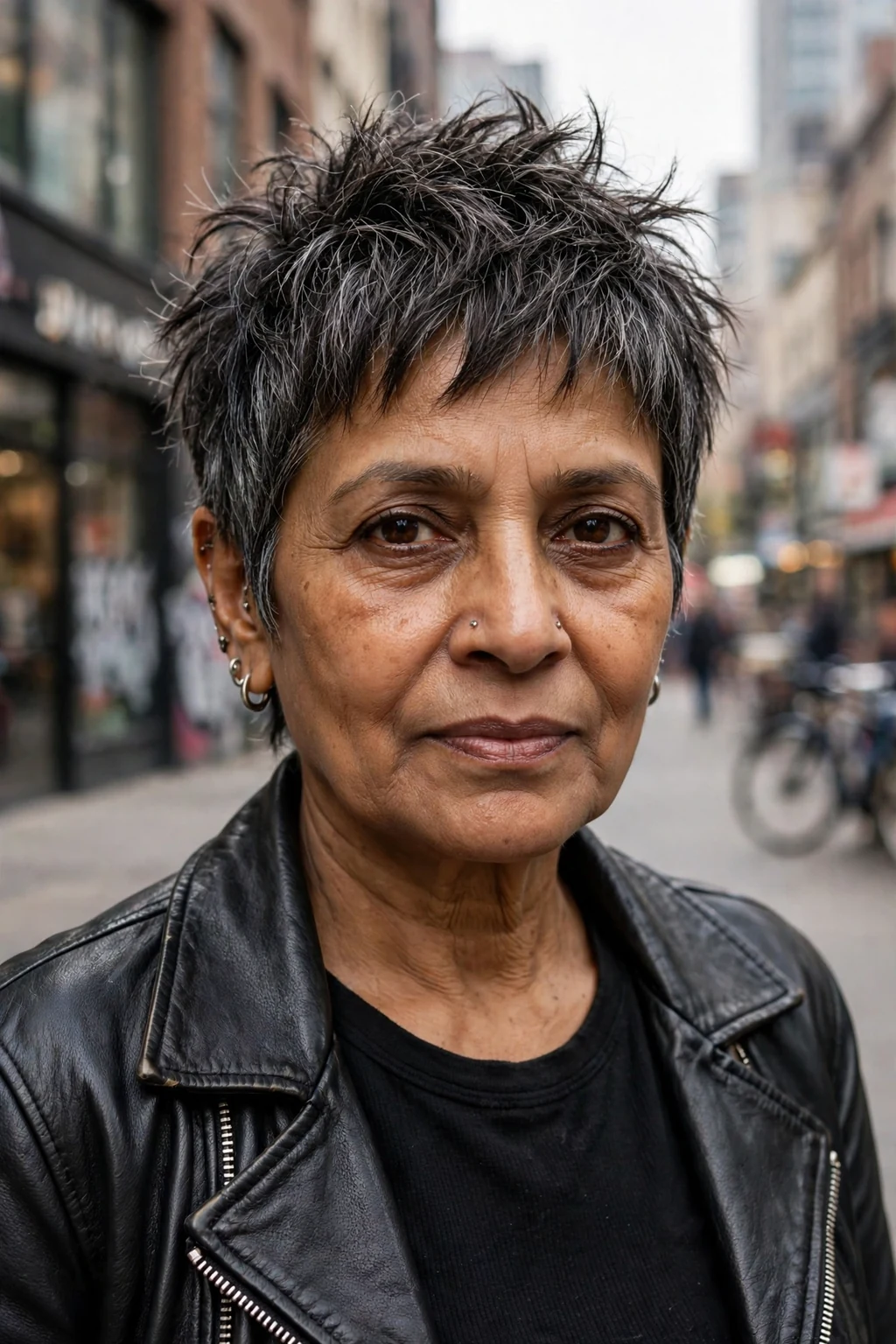 Beautiful older woman with choppy pixie wash-and-wear, edgy choppy pixie, bold light.