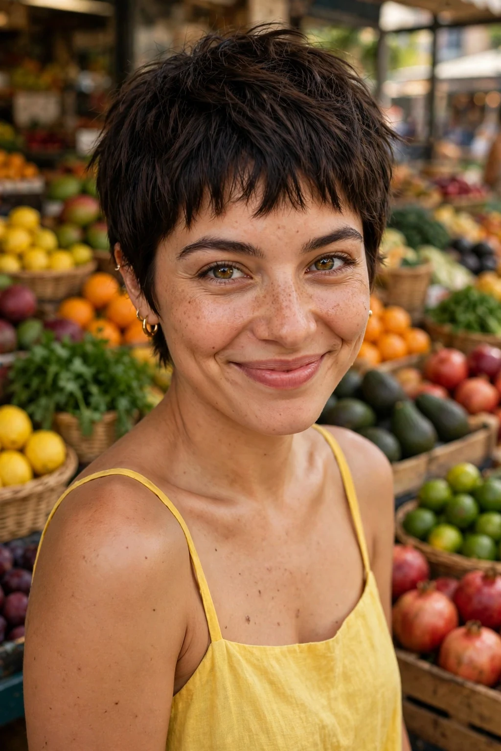 A young woman with a choppy pixie and short textured bangs across the forehead.