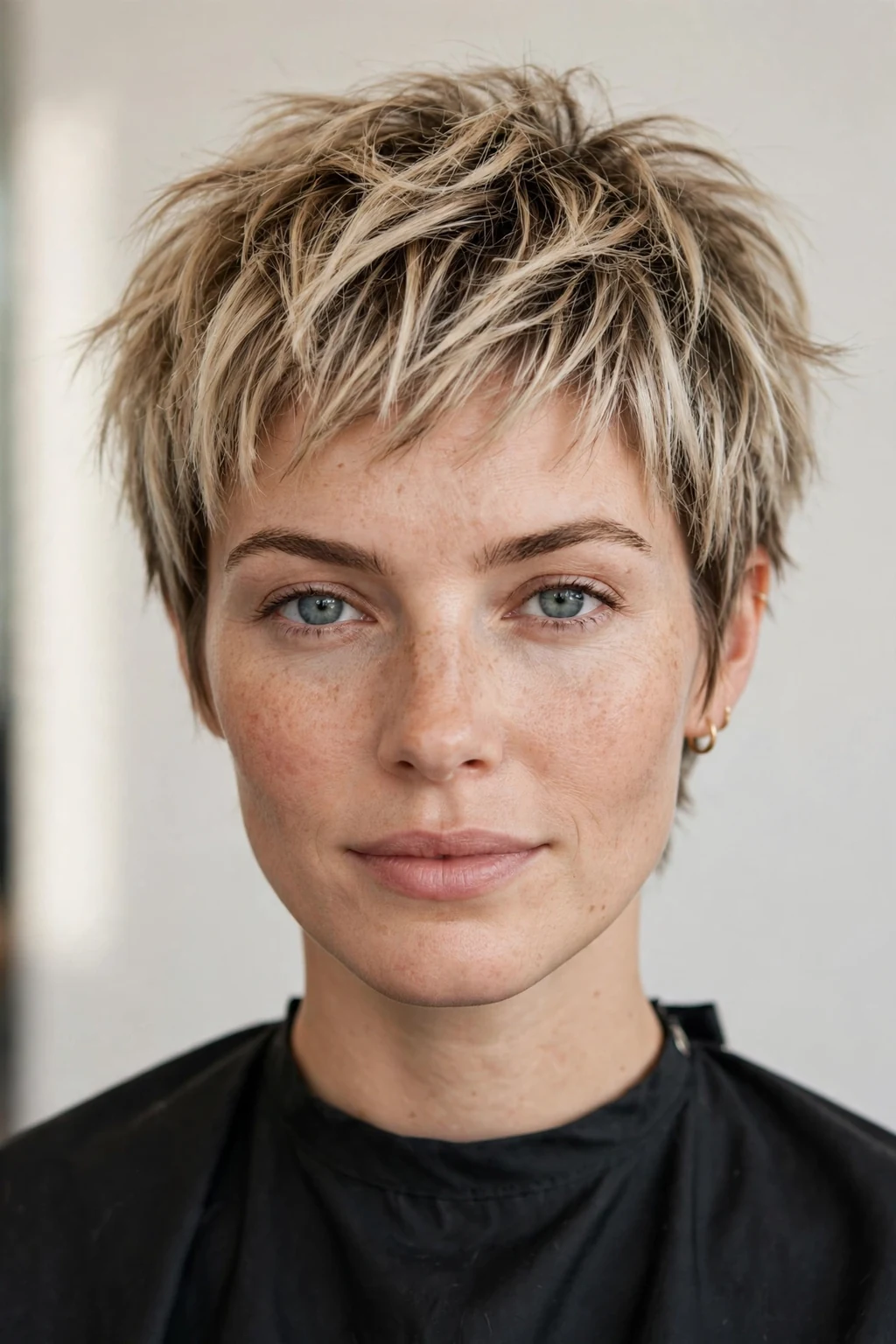 Woman with choppy pixie for thin hair, jagged texture with body, bold light.