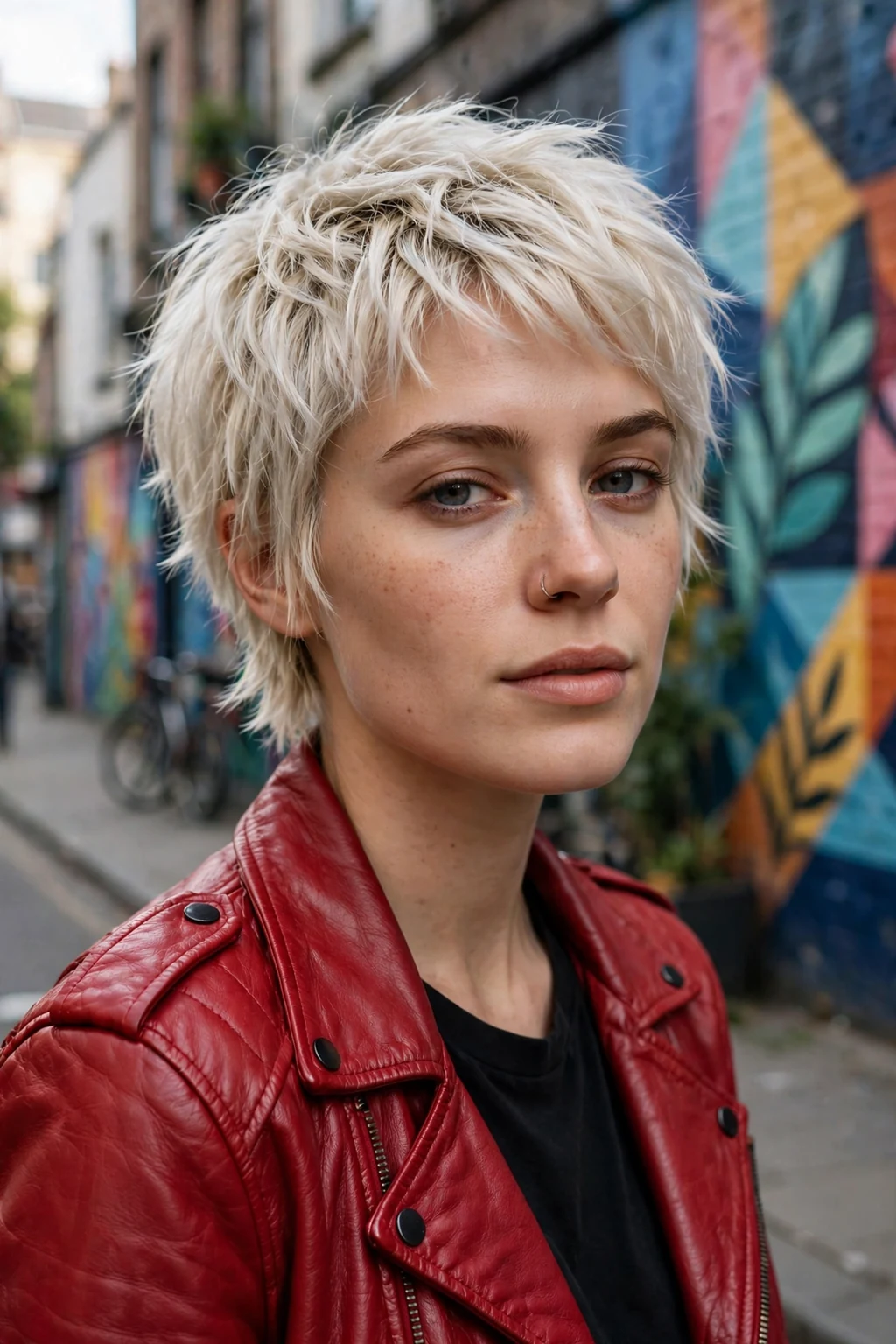 Young woman with a choppy pixie, edgy uneven layers, in a street-style setting.